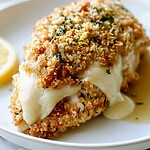 One piece of baked Caesar chicken on a white plate with melted cheese, golden crumbs, parsley, and a lemon wedge