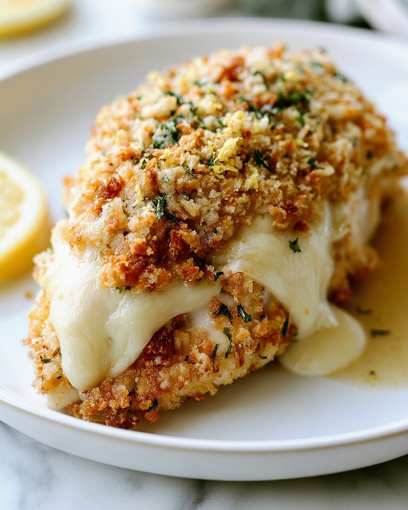 One piece of baked Caesar chicken on a white plate with melted cheese, golden crumbs, parsley, and a lemon wedge