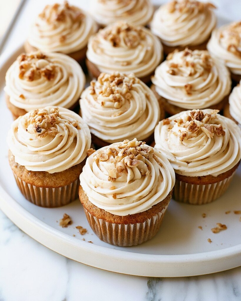 A fully decorated banana cupcake on a white plate showing a light spiral of frosting and chopped nuts
