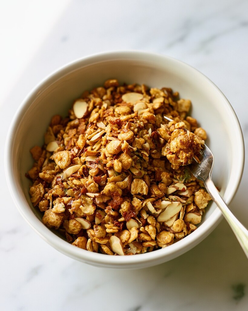 Crushed crackers, sliced almonds, and crumbled bacon mixed in a bowl for the casserole topping