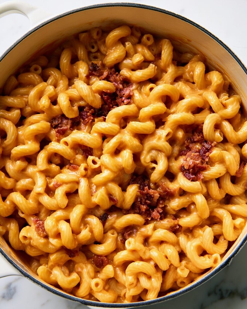 Stirring cooked cavatappi pasta and chopped bacon into a thick cheddar cheese sauce inside a Dutch oven