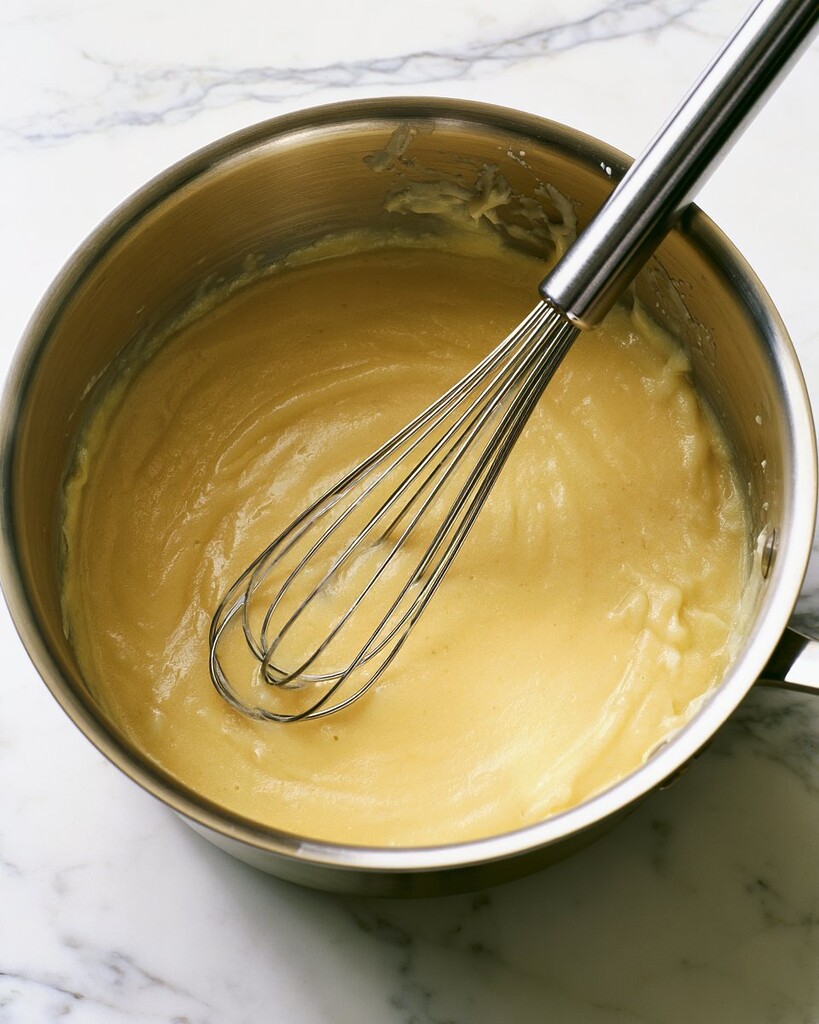 Whisking milk into a pale golden roux base inside a metal saucepan
