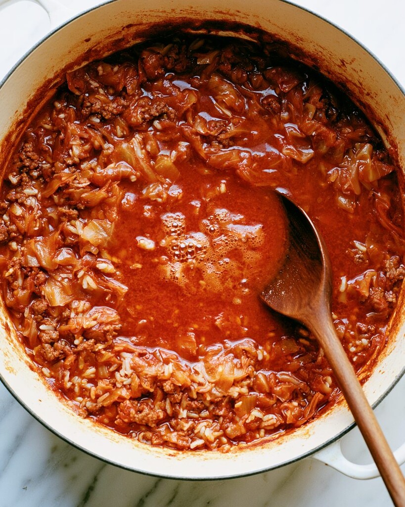 Heavy pot filled with red tomato broth simmering over ground beef, chopped cabbage, and rice