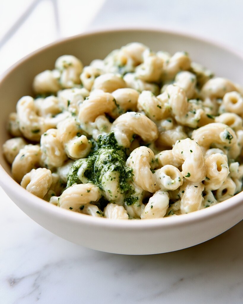 Close-up of creamy cottage cheese macaroni topped with thick swirls of green basil pesto in a ceramic bowl