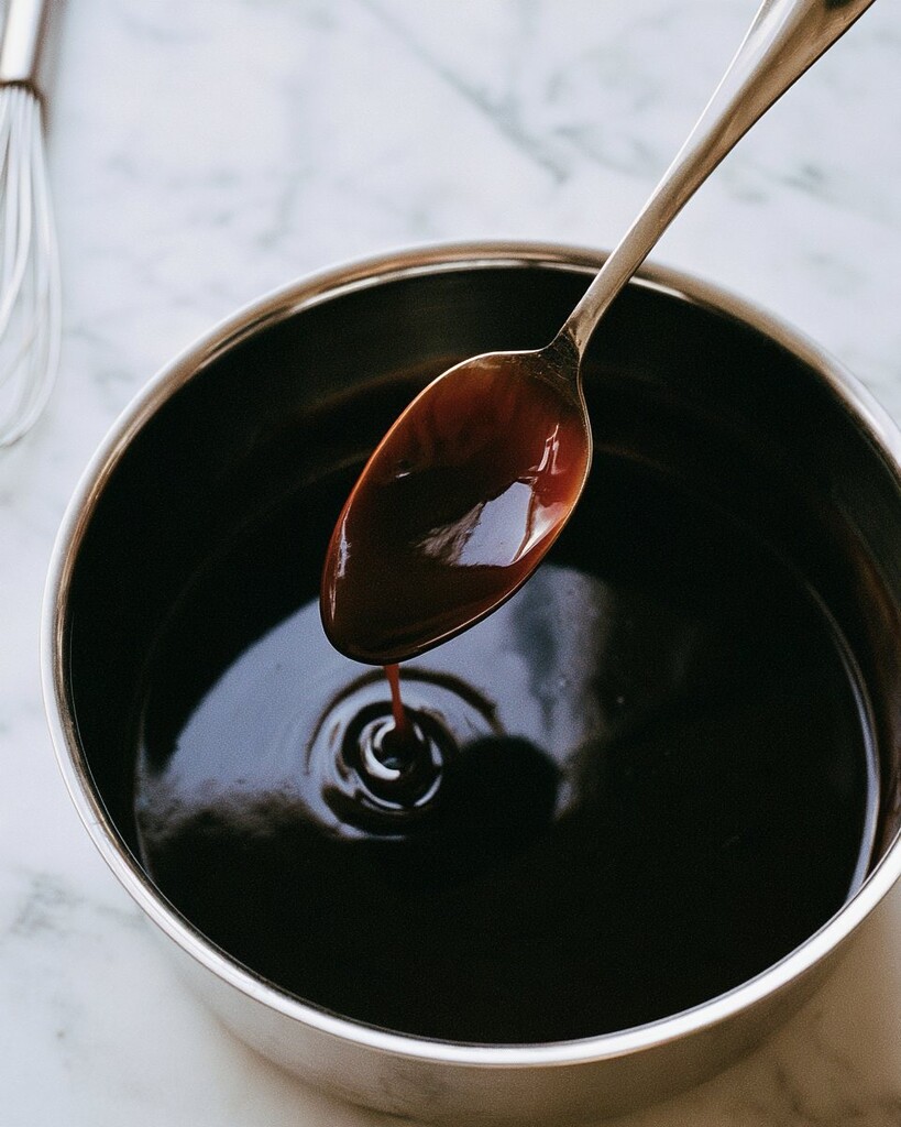 Dark glossy teriyaki sauce simmering and thickening in a small metal saucepan