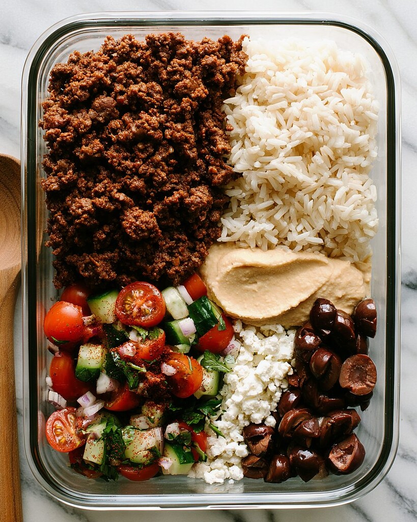 Glass meal prep container being filled with crispy za'atar beef, hummus, rice, and fresh salad
