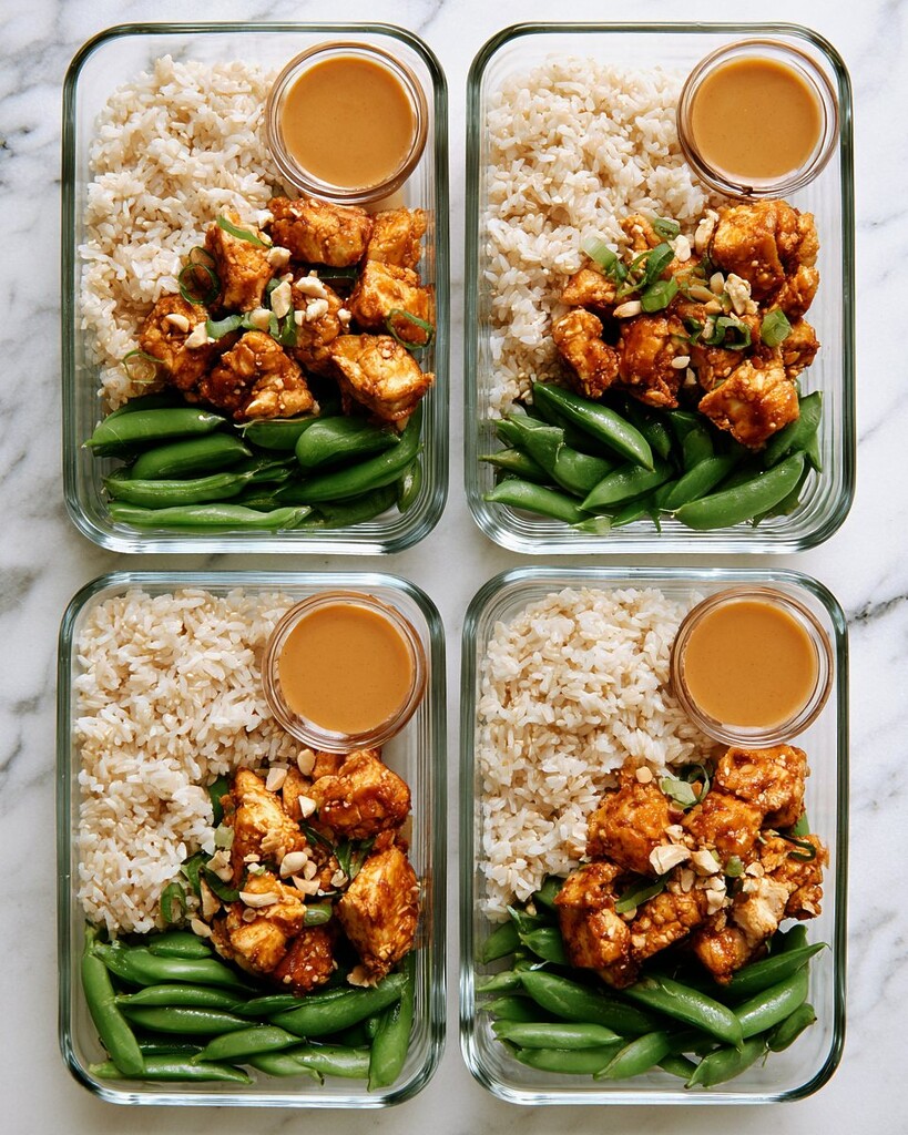 Dividing the cooked rice roasted tofu and snap peas into four separate glass storage containers with individual sauce cups