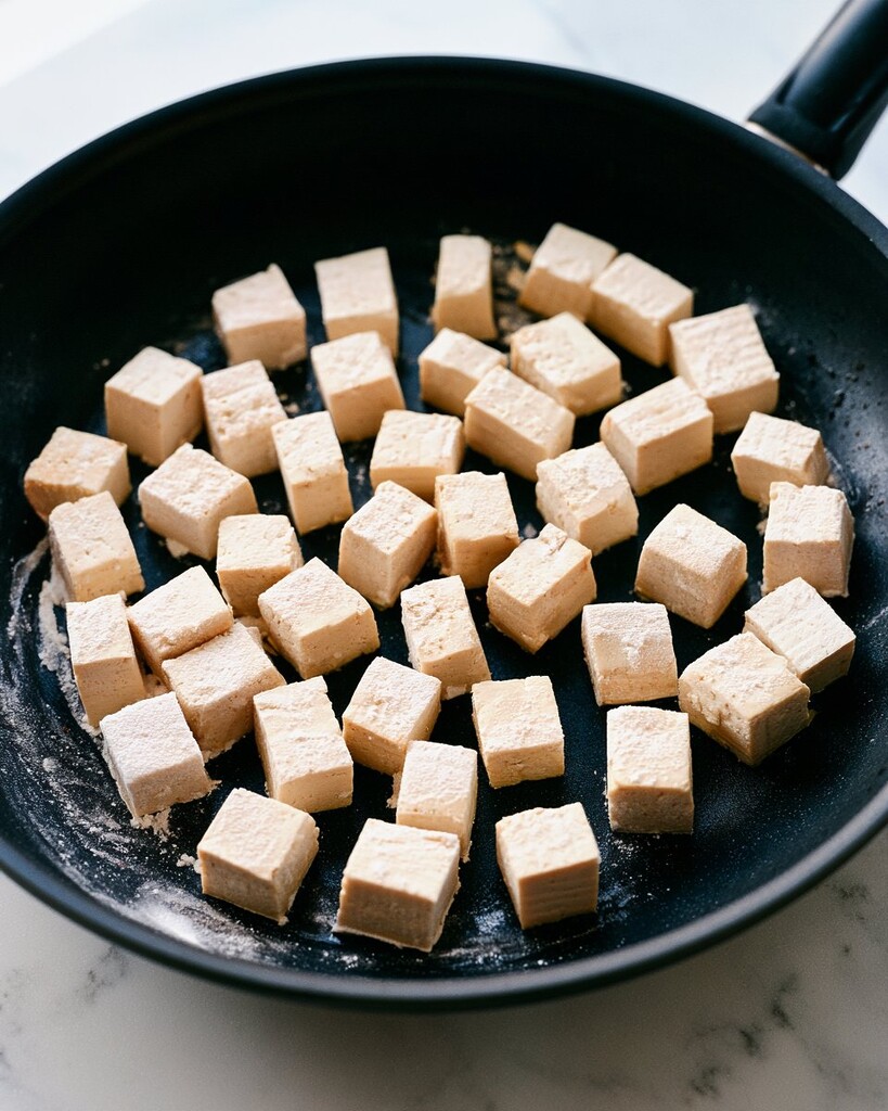 Raw tofu cubes coated in a light layer of white cornstarch resting in a black skillet