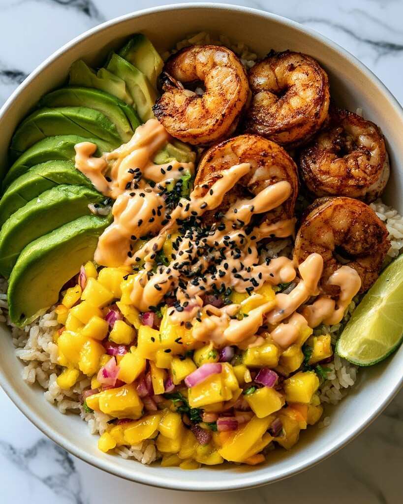 Completed chili-spiced shrimp bowl topped with sliced avocado, sauce drizzle, and black sesame seeds