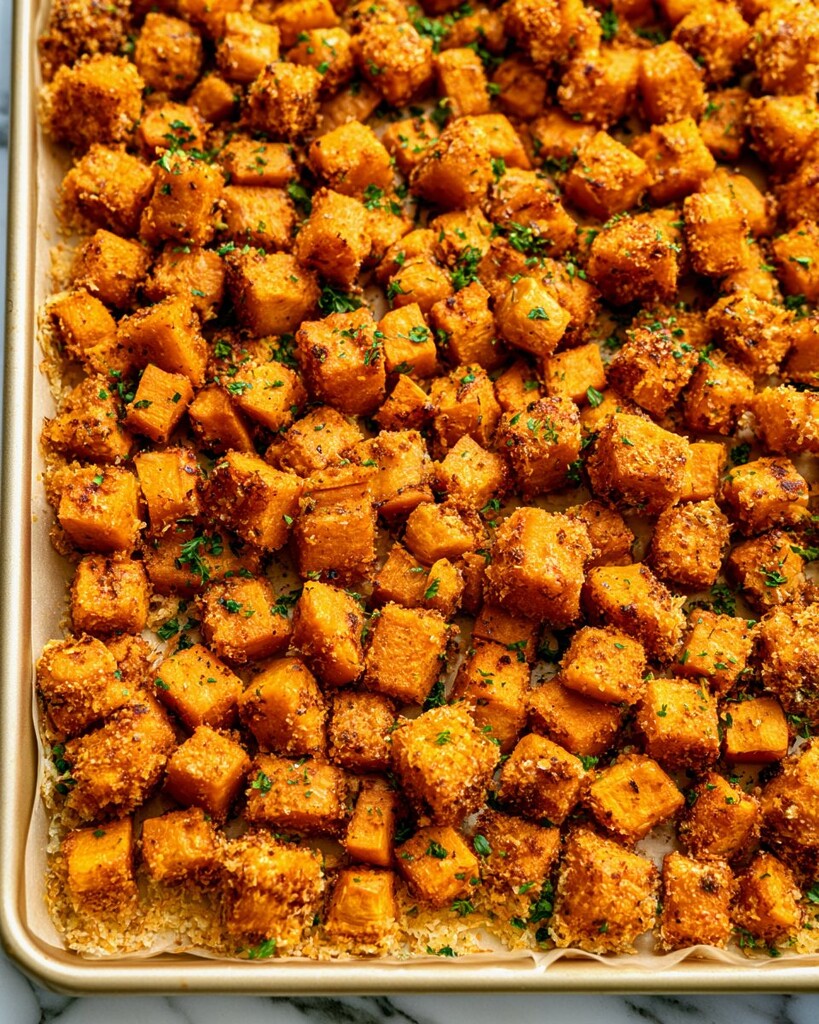 Roasted sweet potato cubes on a baking sheet coated with a golden parmesan crust and sprinkled with fresh parsley