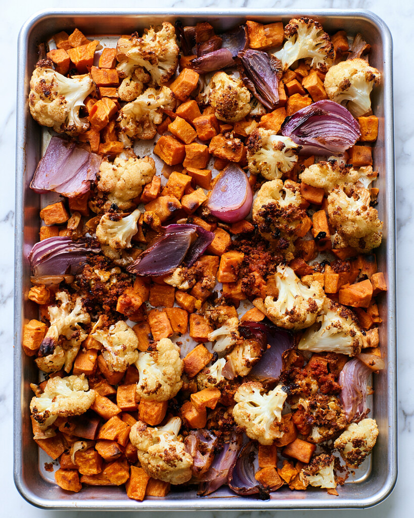 Cauliflower florets and diced sweet potatoes with dark roasted edges on a metal baking sheet