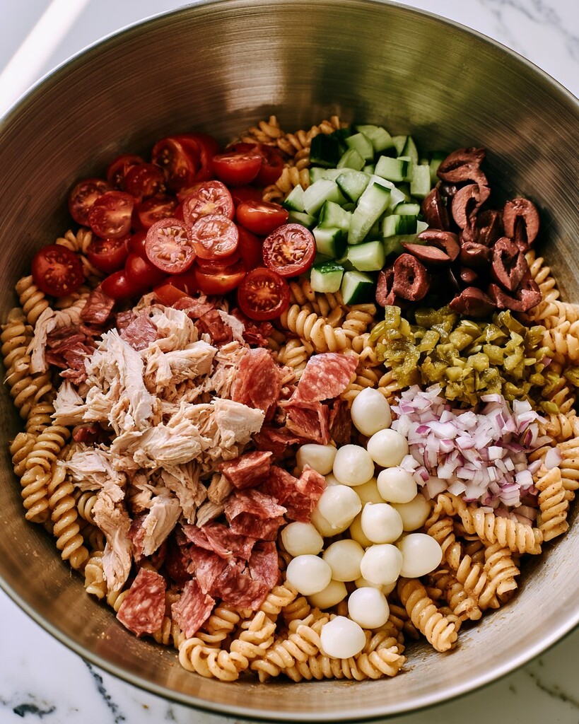 Shredded chicken, salami, mozzarella pearls, tomatoes, cucumber, olives, and red onion resting on top of the dressed rotini before tossing