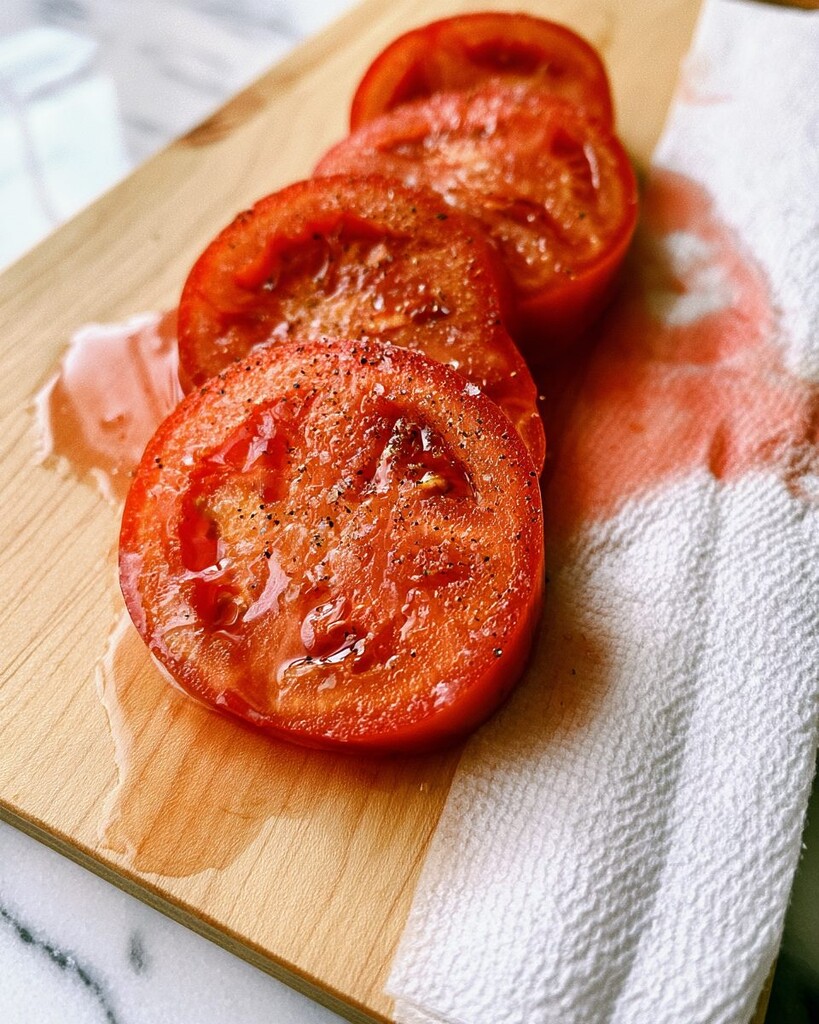 Thick heirloom tomato slices resting on paper towels with a heavy sprinkle of salt and black pepper