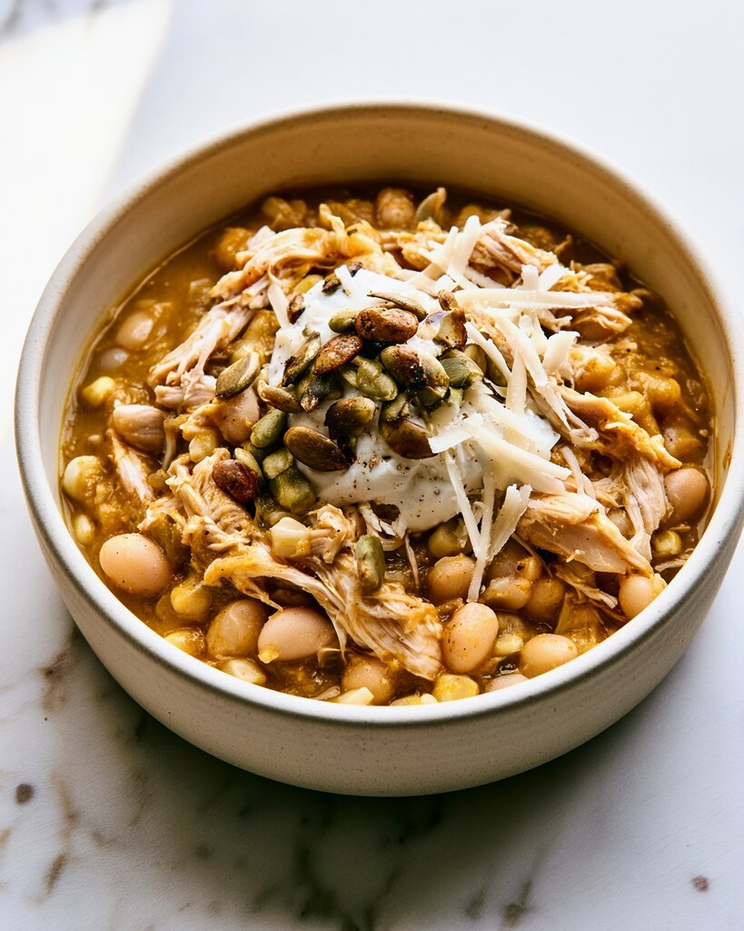 Rich, thick pumpkin white chicken chili scooped in a bowl with creamy toppings