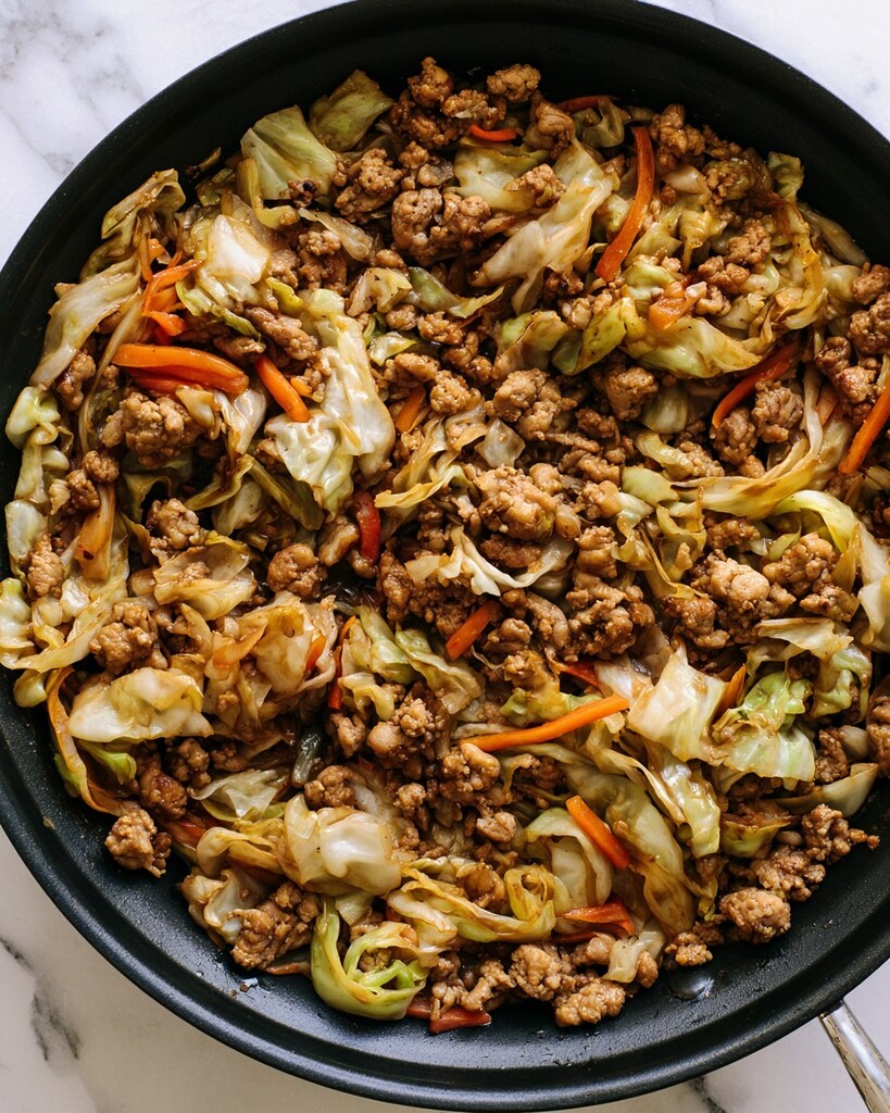 Browned ground chicken mixed with wilted cabbage and carrots in a skillet