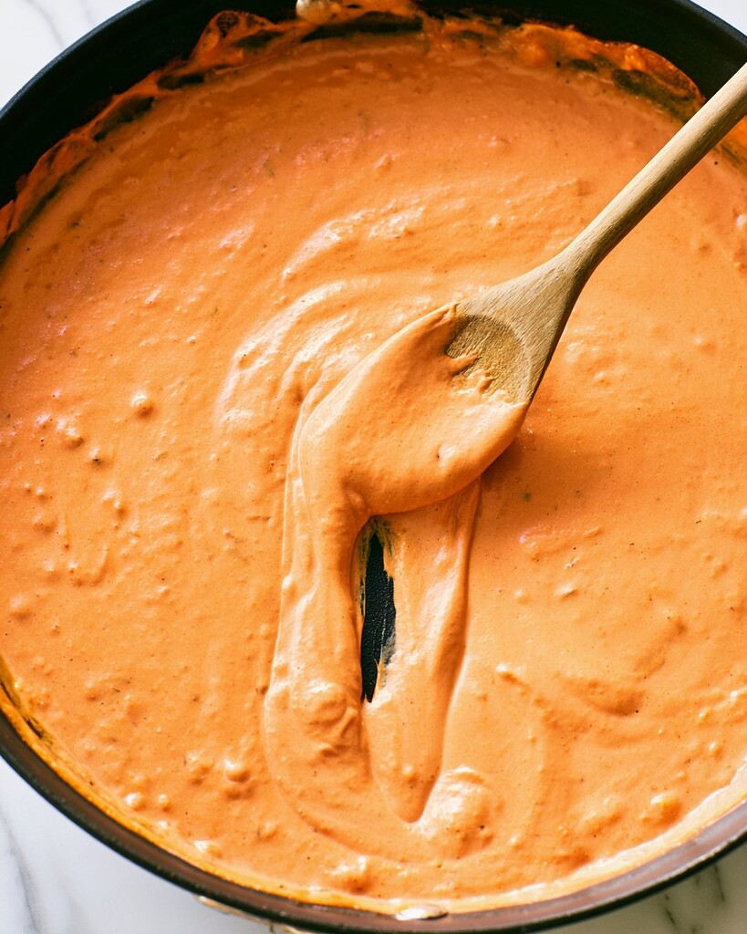 Coconut and tomato sauce simmering in a black skillet with a smooth thick texture