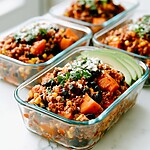 Smoky turkey and sweet potato meal prep bowls served with sliced avocado