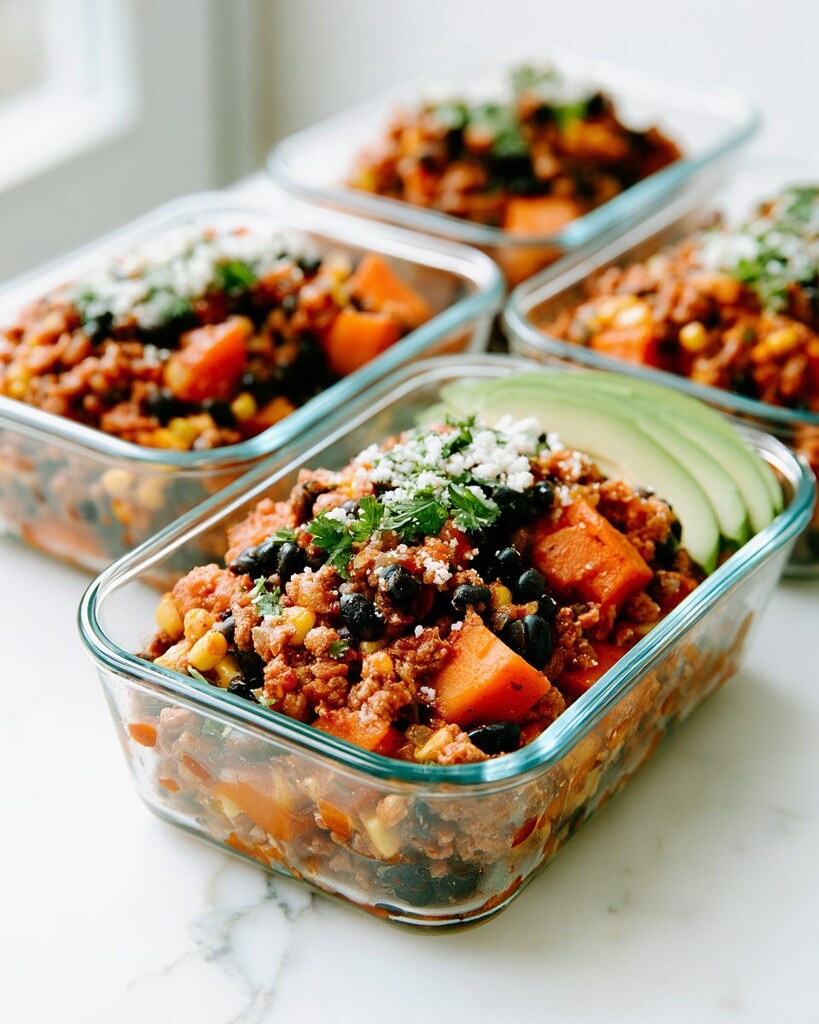 Smoky turkey and sweet potato meal prep bowls served with sliced avocado