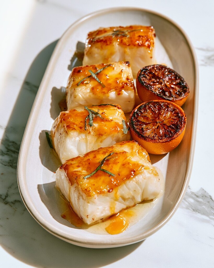 Golden glazed halibut fillets on an oval plate garnished with sliced basil and charred orange halves