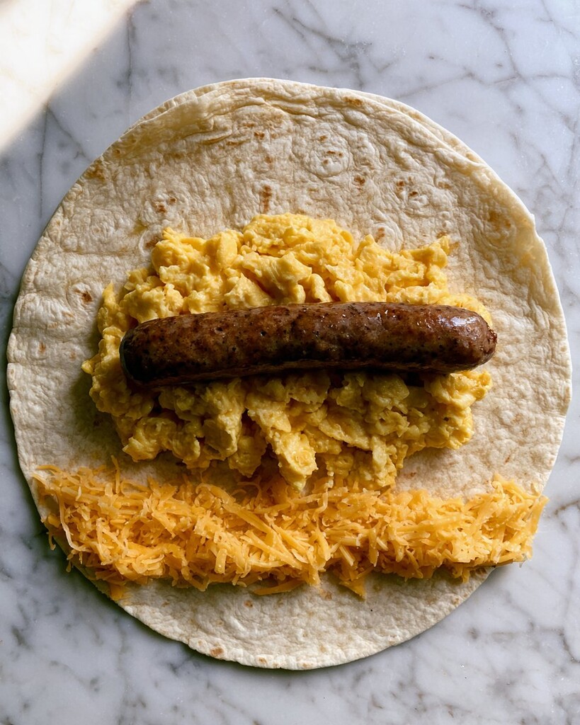 Breakfast taquito assembly with shredded cheese soft eggs and a sausage link on a flour tortilla
