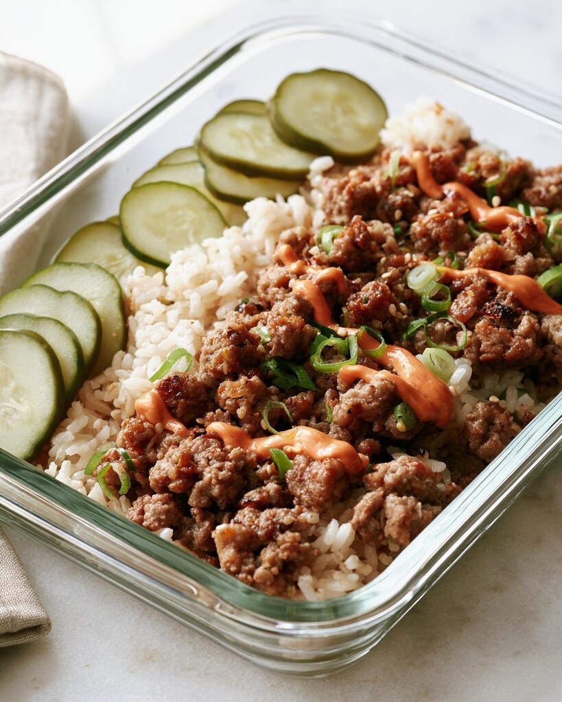 Close-up of rich caramelized ground beef next to white rice, thin pickled cucumber slices, and a spicy orange drizzle