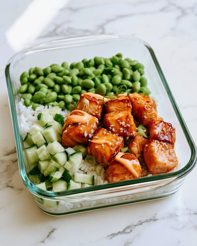 A close-up shot of creamy spicy mayo drizzled over shiny glazed salmon pieces