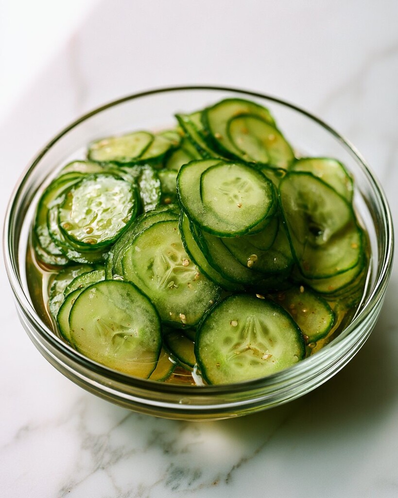 Thinly sliced cucumbers marinating with sesame seeds in a clear glass bowl