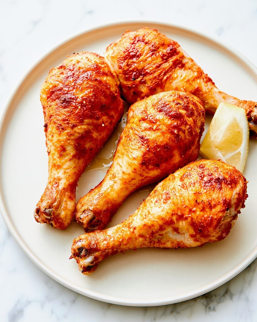 Baked chicken drumsticks with a blistered crust arranged on a platter with lemon slices