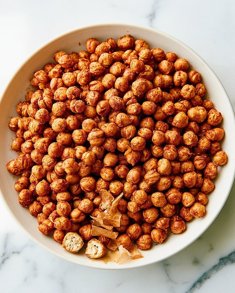 Crispy paprika and garlic roasted chickpeas piled in a white serving bowl