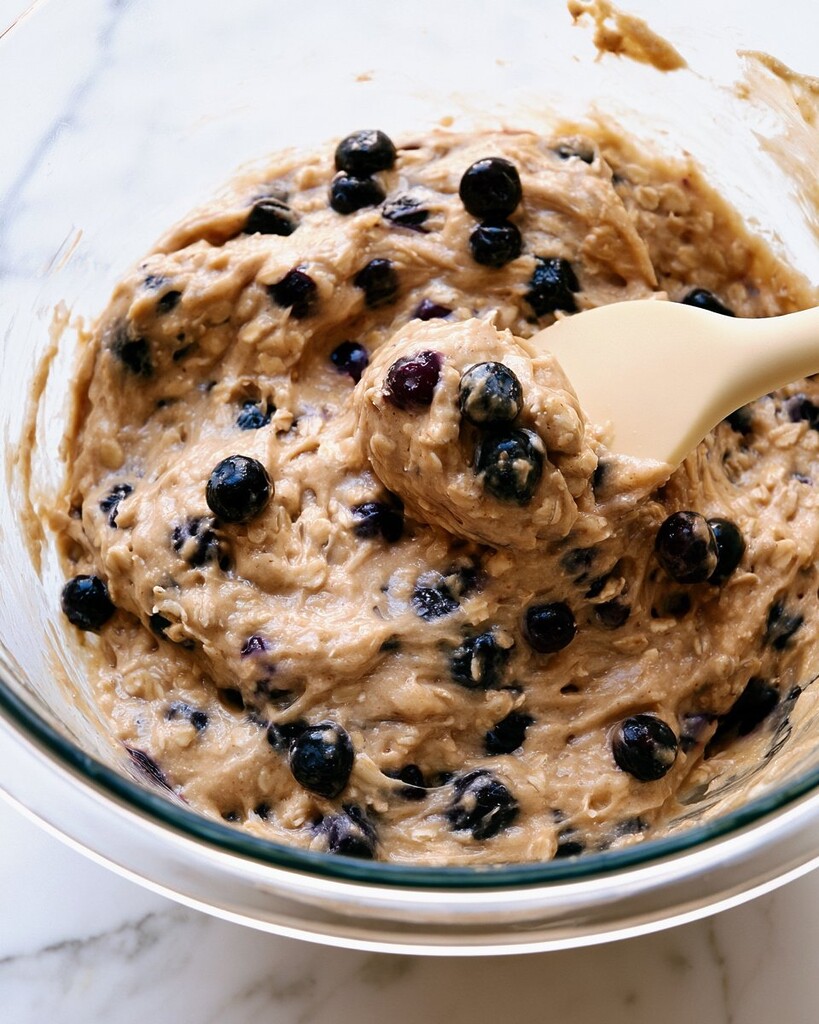Thick blueberry oatmeal muffin batter in a glass mixing bowl with folded in blueberries