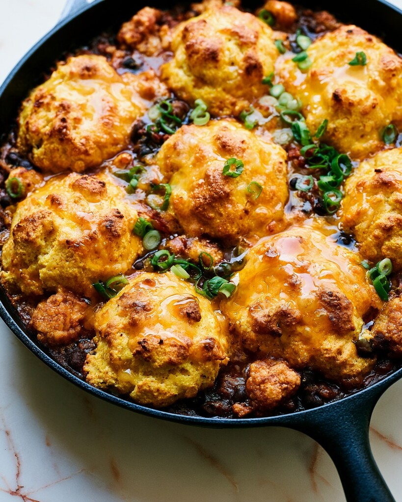 A cast-iron skillet filled with chili and topped with baked golden cheddar biscuits, glazed with honey and garnished with scallions