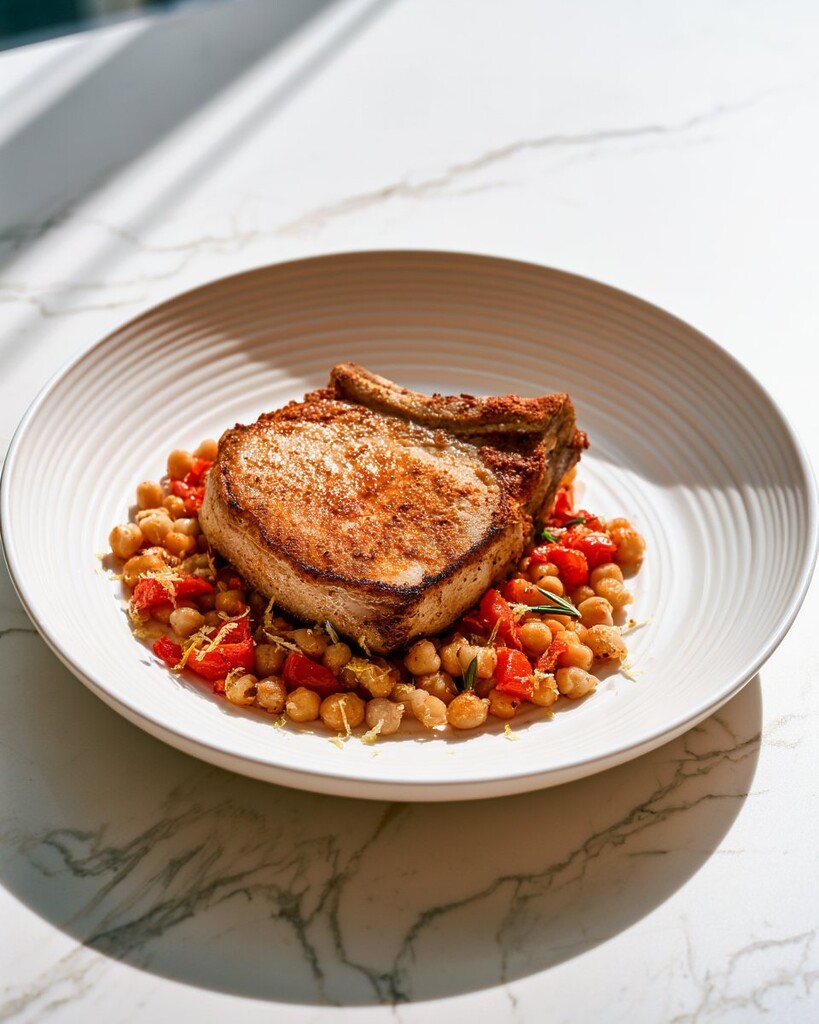 Thick seared pork chop over chickpeas and red peppers with green herbs on a white plate