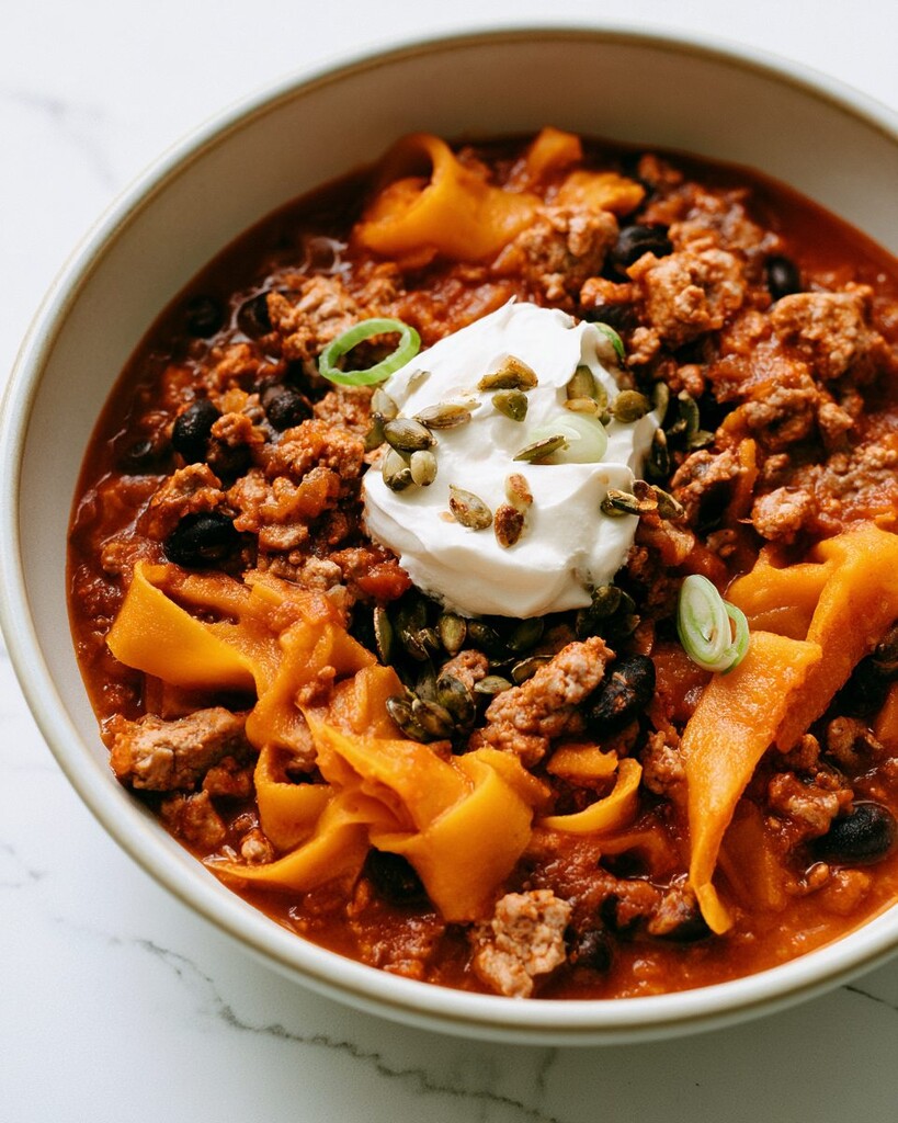 A serving of turkey chili with butternut squash noodles in a round bowl, garnished with sour cream, pumpkin seeds, and sliced scallions.