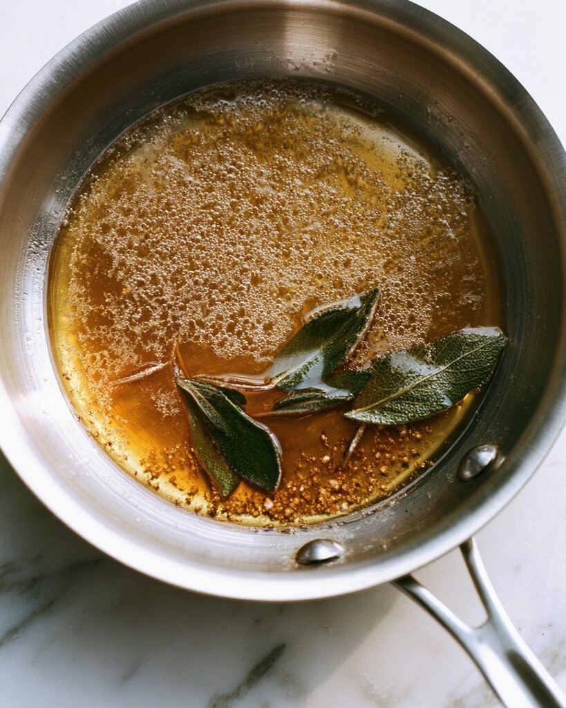 Melted butter bubbling in a small skillet with fresh sage leaves crisping inside