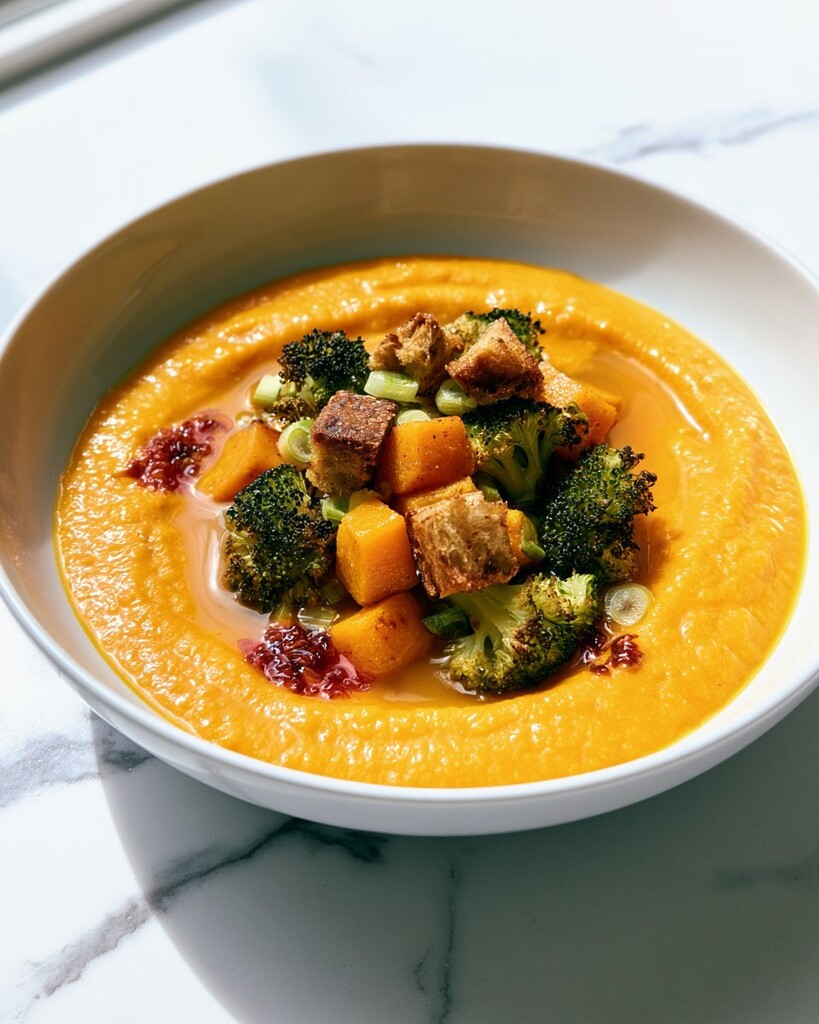 Creamy orange base spread in a shallow dish garnished with roasted vegetables and seeds