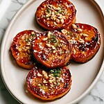 Sweet potatoes caramelized on a ceramic plate covered with peanuts, scallions, and salt