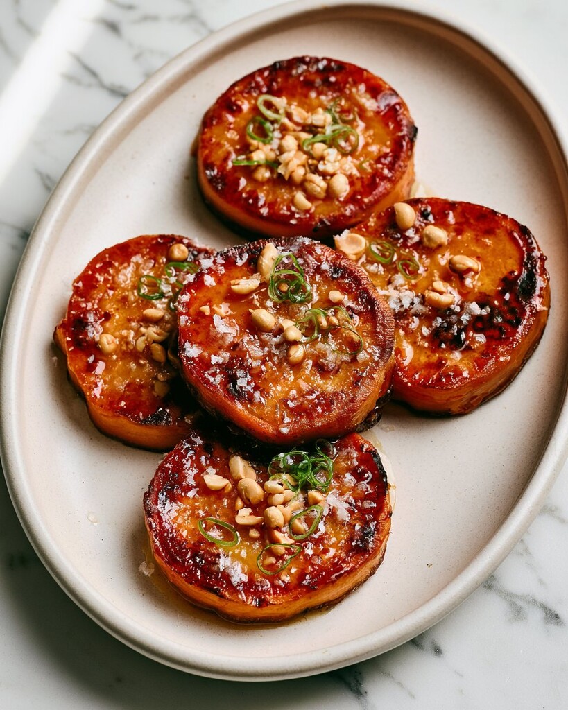 Sweet potatoes caramelized on a ceramic plate covered with peanuts, scallions, and salt