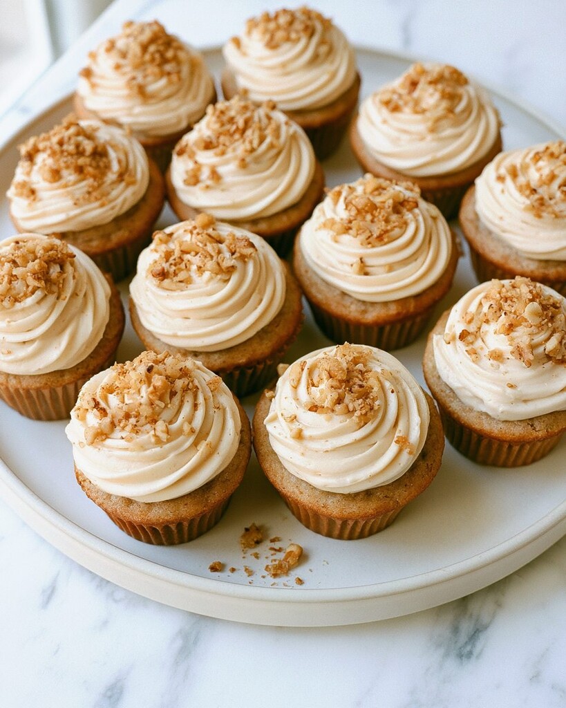 A batch of frosted spiced banana cupcakes topped with chopped walnuts sitting on a white plate