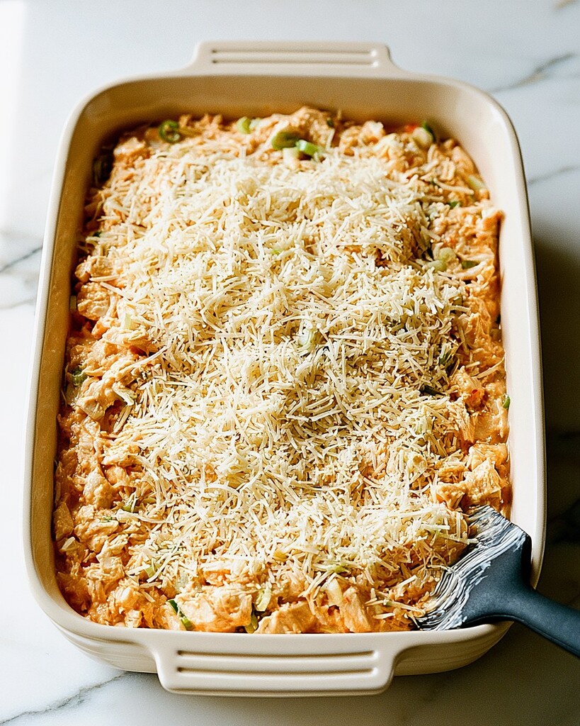 Creamy chicken filling spread in a rectangular baking dish and covered with shredded cheddar cheese