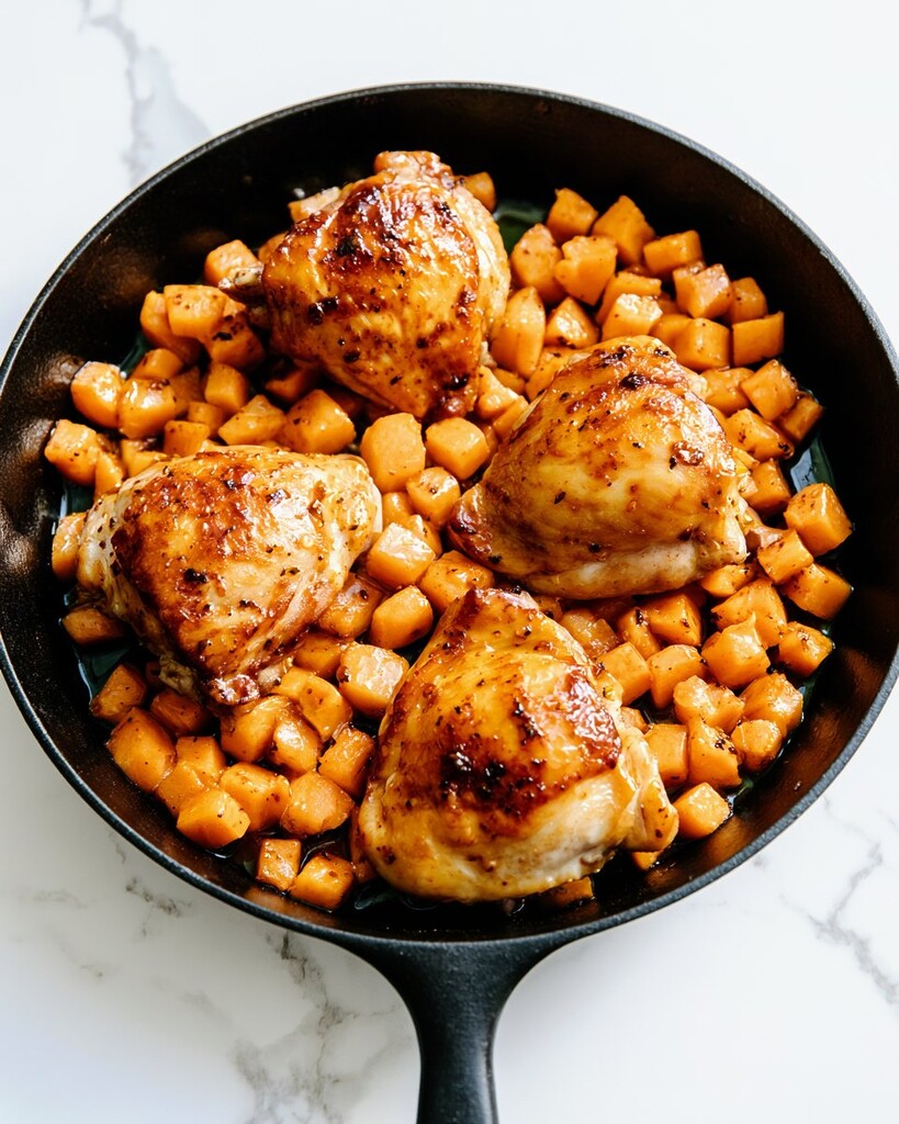 Seared chicken thighs nestled among browned sweet potato cubes in a skillet before baking