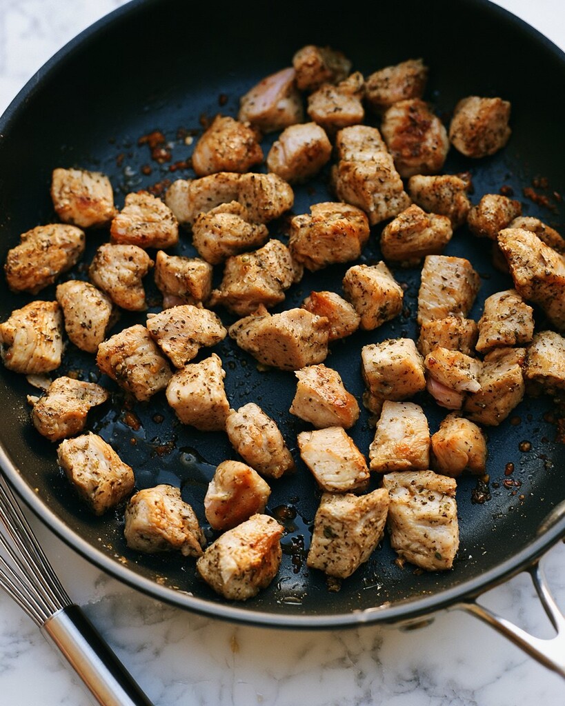 Seasoned chicken pieces searing in a black skillet