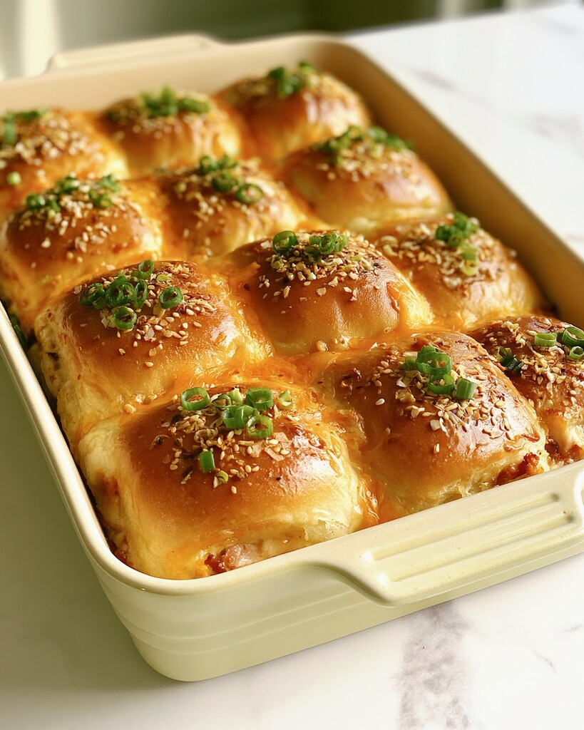 crack chicken sliders baking in a dish with a golden everything bagel butter topping