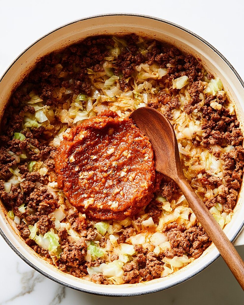 Wooden spoon stirring dark red tomato paste, garlic, and spices in the center of a pot with beef and cabbage pushed to the edges