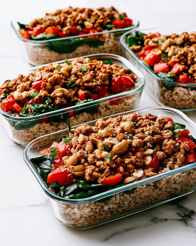 Four glass meal prep containers filled with ground turkey, rice, and vegetables
