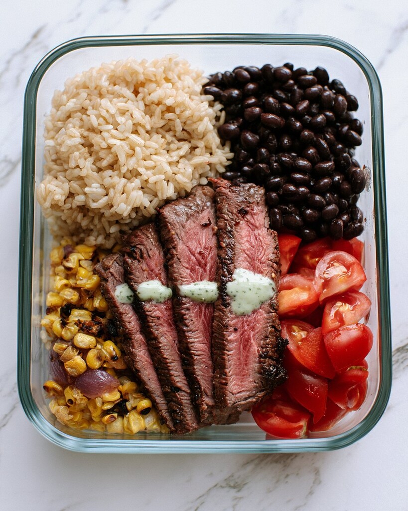 A glass meal prep bowl containing brown rice, black beans, charred corn, red onions, tomatoes, and sliced steak topped with green cilantro yogurt crema
