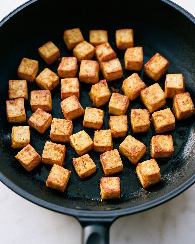 Tofu cubes frying in a black skillet with a visible golden crust on their bottom edges
