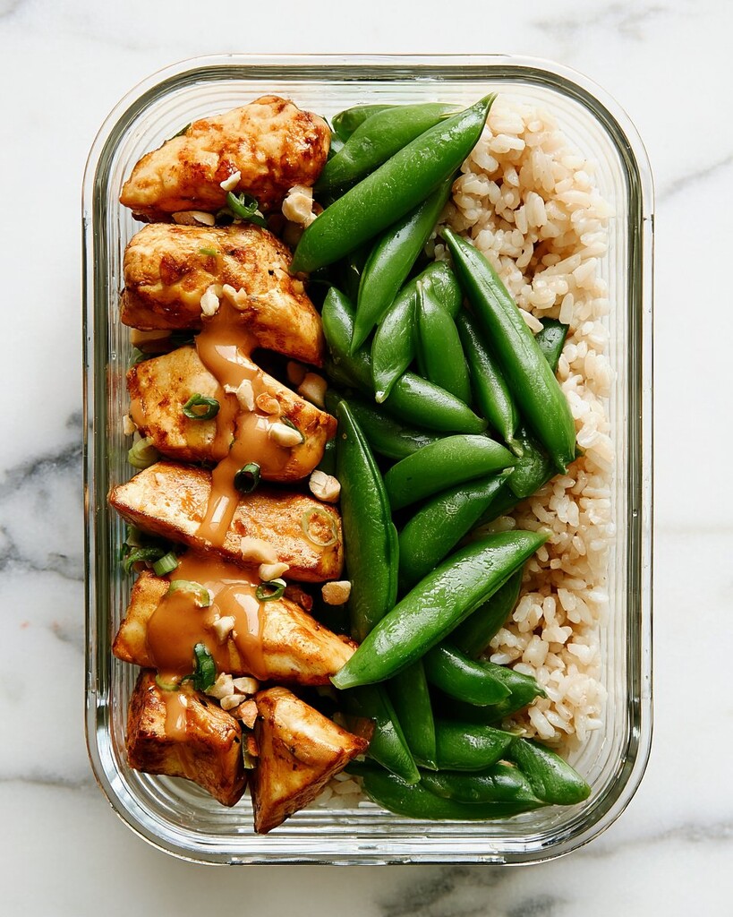 Sheet-pan spicy peanut tofu meal prep bowl with sesame rice, roasted snap peas, and thick brown sauce