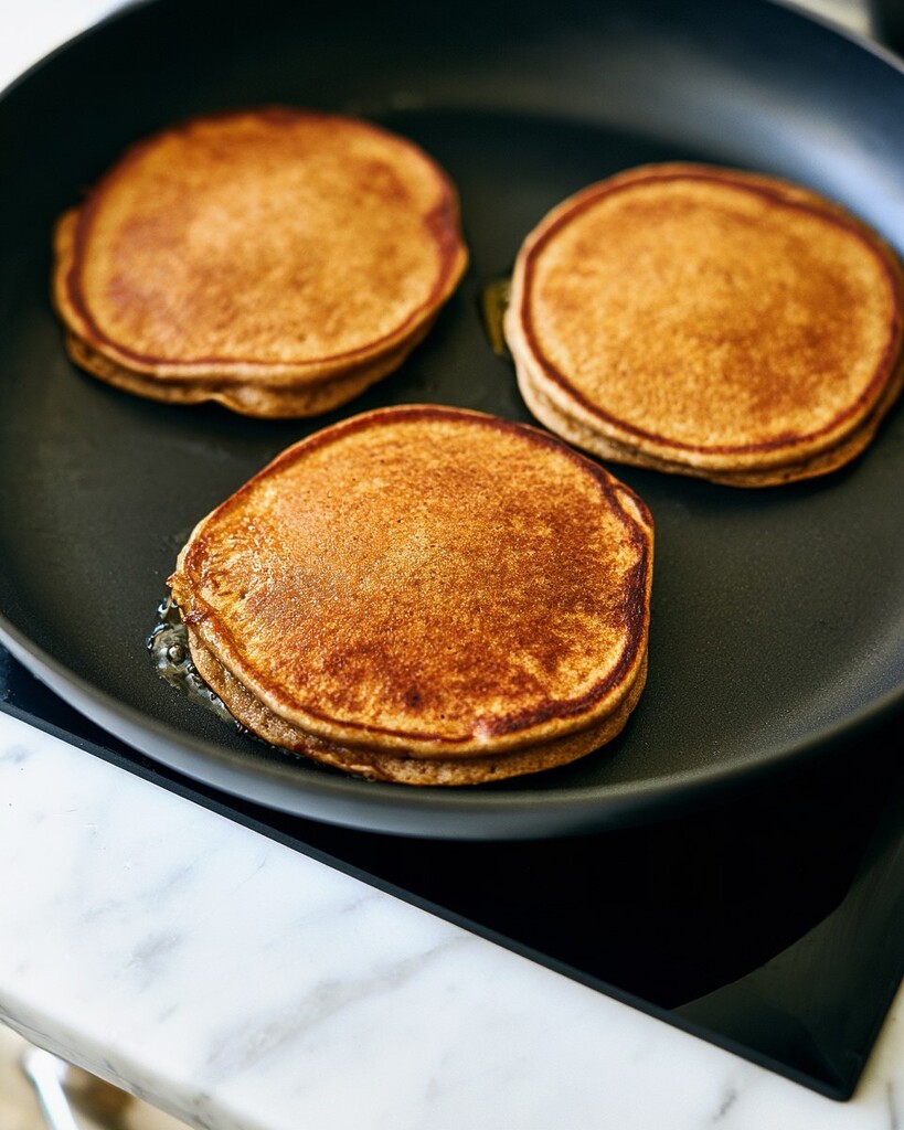 Three whole wheat pancakes cooking in a black skillet with an even golden surface