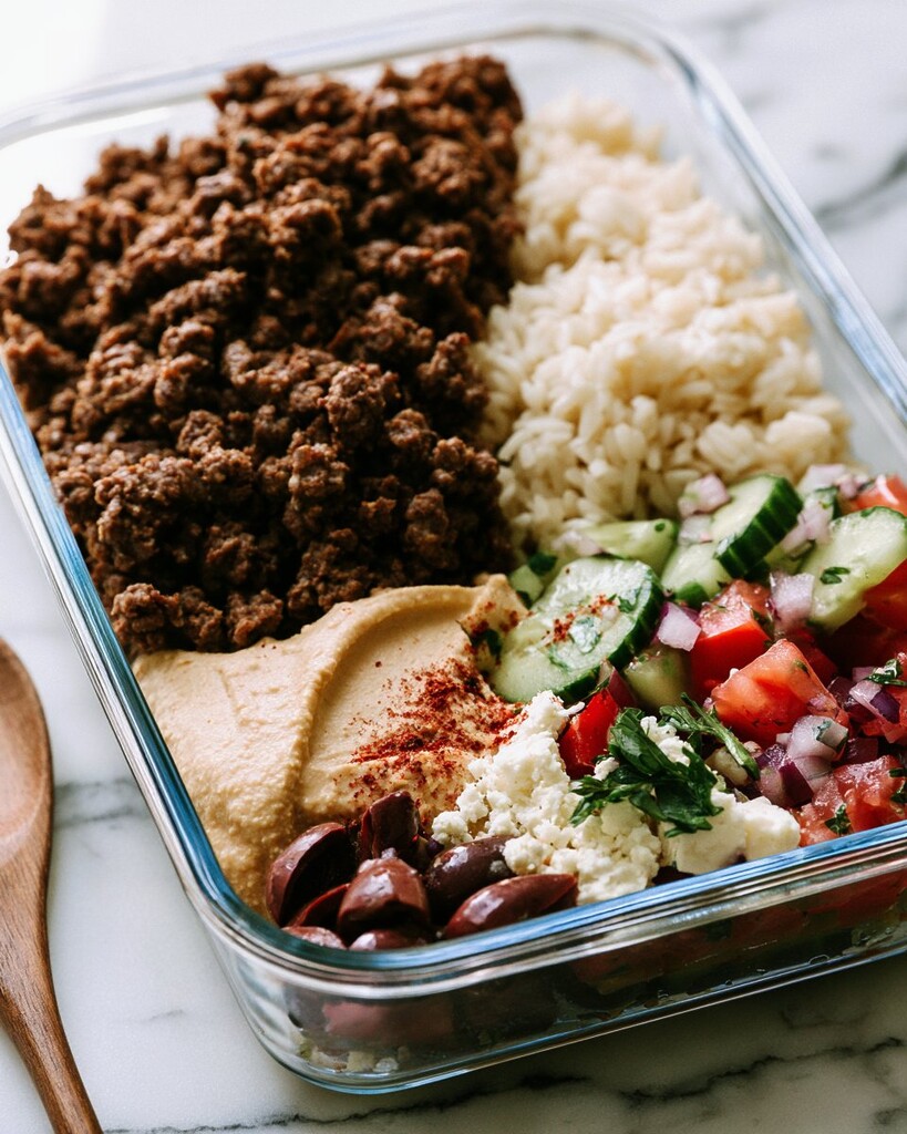 1 glass meal prep containers filled with crispy beef, hummus, rice, feta, and cucumber salad