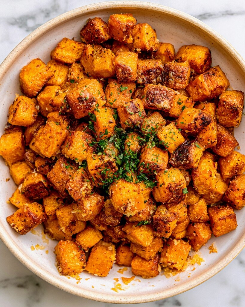 Crispy garlic parmesan roasted sweet potato cubes in a white serving bowl garnished with fresh parsley